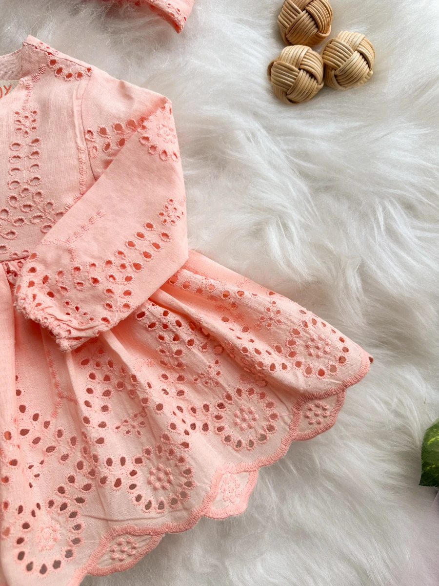 SIENNA Kız Bebek Somon Rengi Brode Nakışlı Fisto Elbise ve Bandana Takımı - SOMON