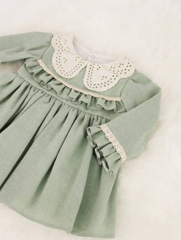 MILLA Dantel Yakalı Vintage Uzun Kollu Bayramlık Özel gün Kız Bebek Elbise - YEŞİL