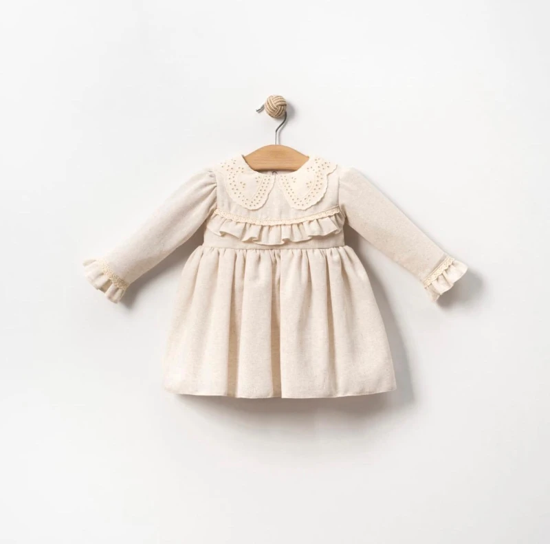 MILLA Dantel Yakalı Vintage Uzun Kollu Bayramlık Özel gün Kız Bebek Elbise - KREM