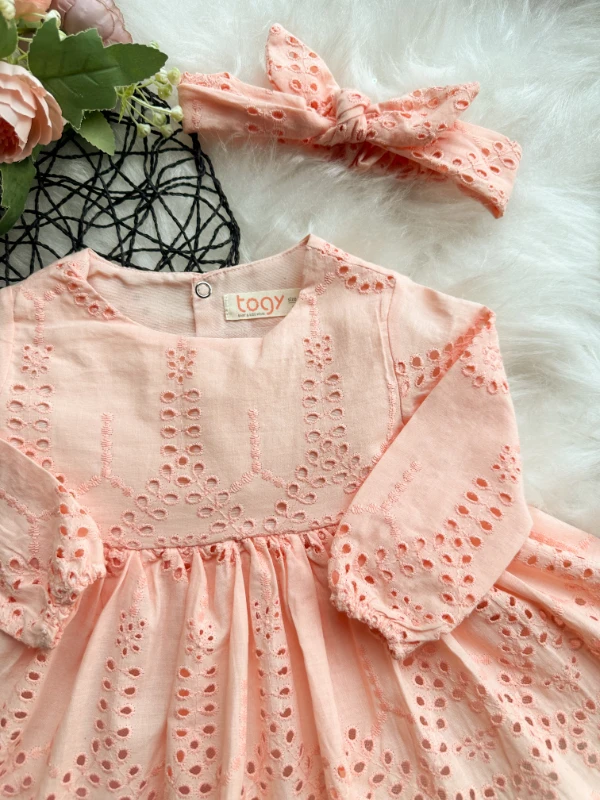 SIENNA Kız Bebek Somon Rengi Brode Nakışlı Fisto Elbise ve Bandana Takımı - SOMON