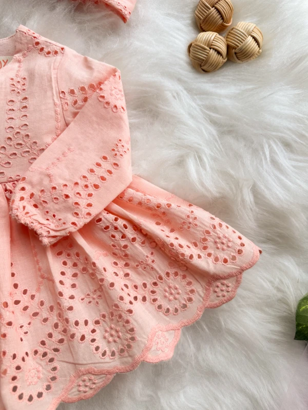 SIENNA Kız Bebek Somon Rengi Brode Nakışlı Fisto Elbise ve Bandana Takımı - SOMON