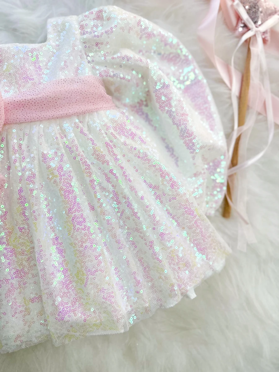 LOTUS Pul Payet Özel Gün Doğum Günü Kız Çocuk Parti Elbisesi   - BEYAZ