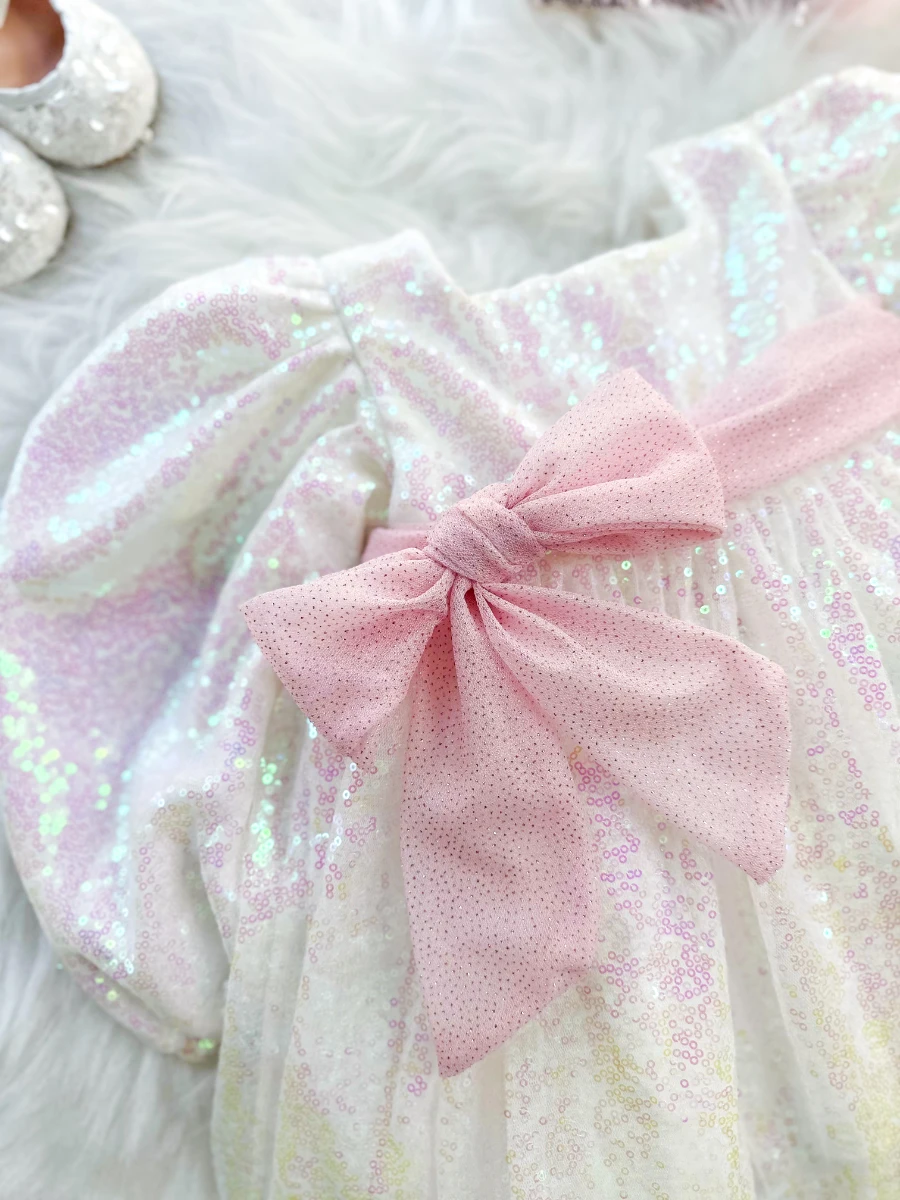 LOTUS Pul Payet Özel Gün Doğum Günü Kız Çocuk Parti Elbisesi   - BEYAZ