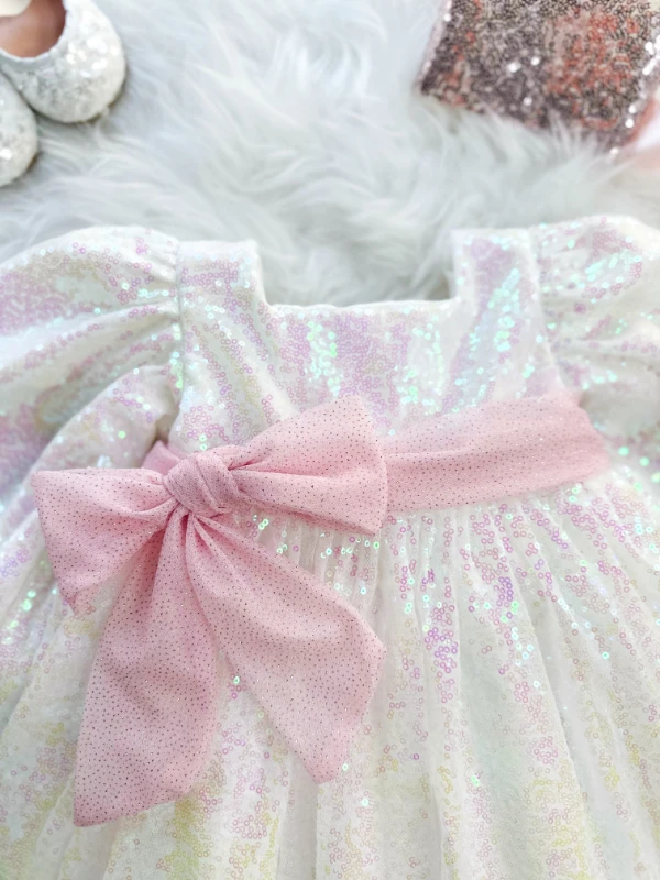 LOTUS Pul Payet Özel Gün Doğum Günü Kız Çocuk Parti Elbisesi   - BEYAZ