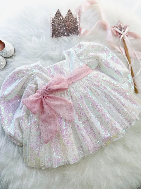 LOTUS Pul Payet Özel Gün Doğum Günü Kız Çocuk Parti Elbisesi   - BEYAZ