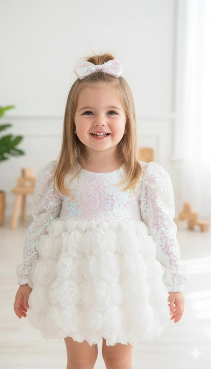 NİLA Pul Payet Özel Gün Doğum Günü Kız Çocuk Parti Elbise  - BEYAZ