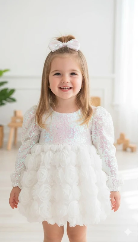 NİLA Pul Payet Özel Gün Doğum Günü Kız Çocuk Parti Elbise  - BEYAZ
