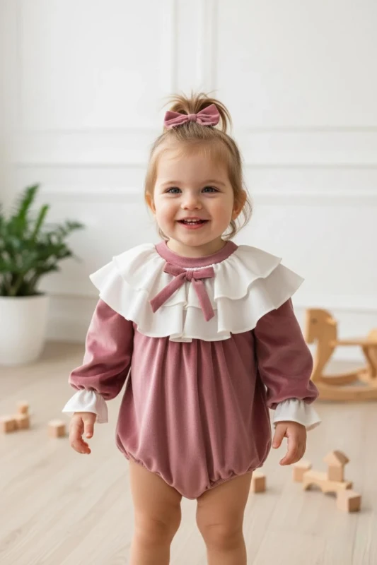 BRIELLA Uzun Kollu Özel Gün Bayramlık Fiyonk Detaylı Kız Bebek Romper - GÜL KURUSU