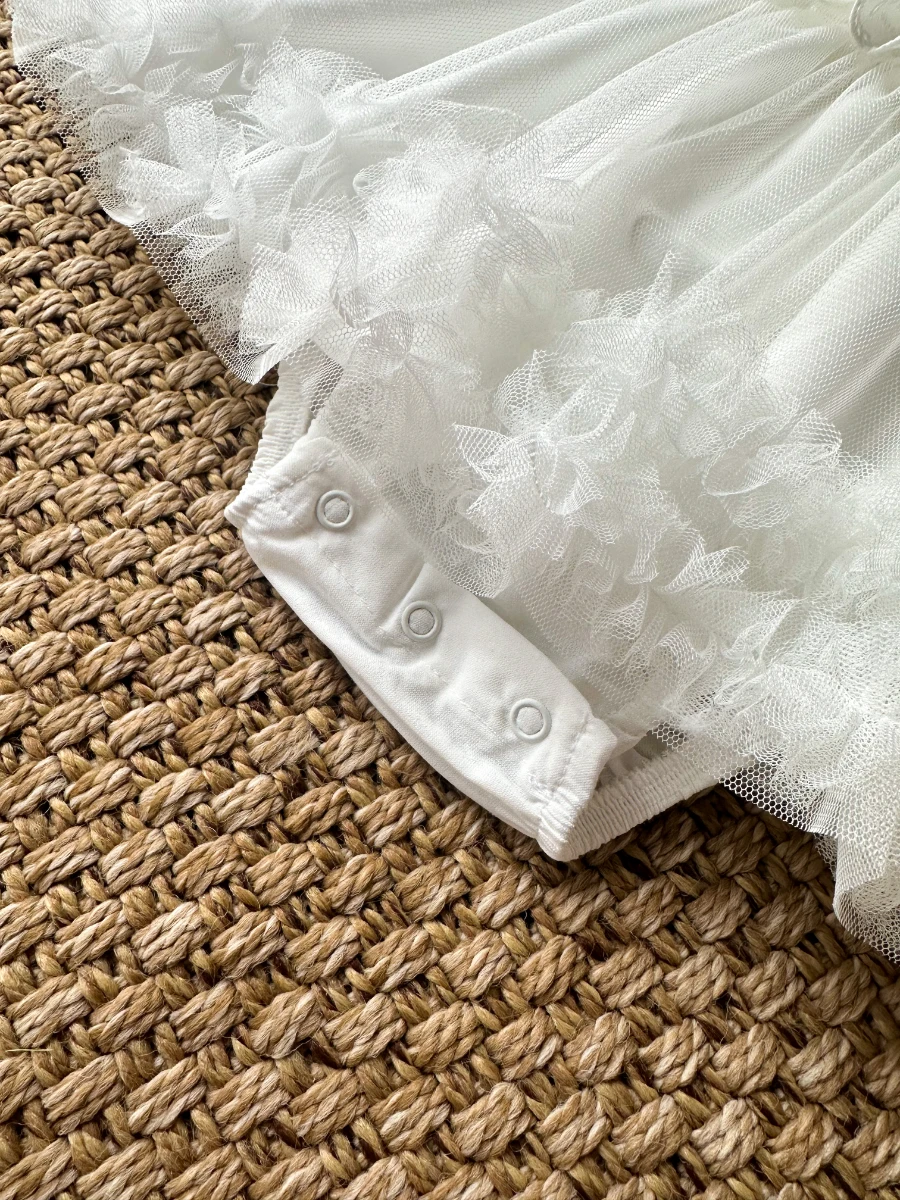 ASTER Beyaz Uzun Kollu Dantel Detaylı Etekli Kız Çocuk Bebek Özel Gün Bayramlık Elbise  - BEYAZ