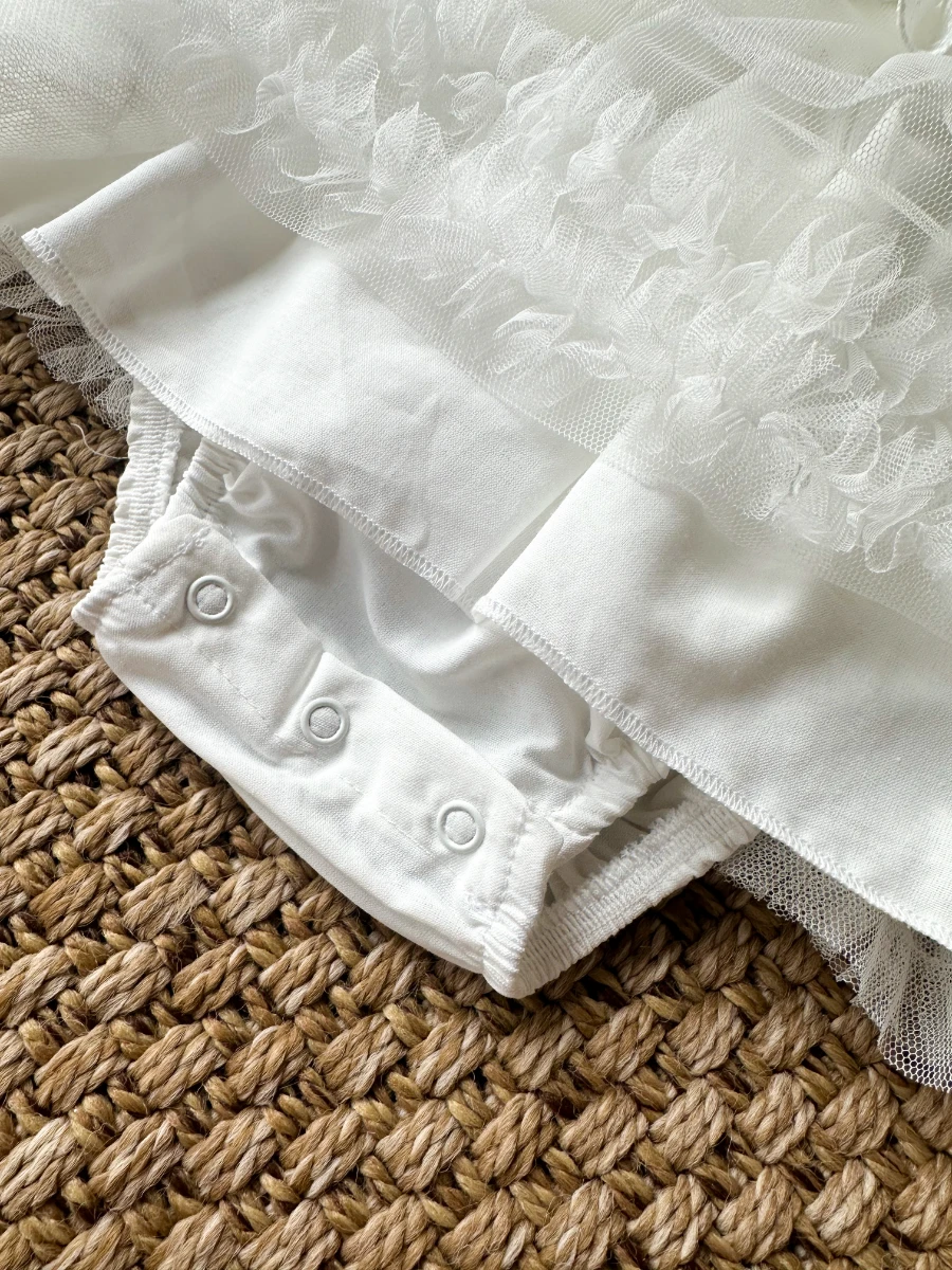 ASTER Beyaz Uzun Kollu Dantel Detaylı Etekli Kız Çocuk Bebek Özel Gün Bayramlık Elbise  - BEYAZ