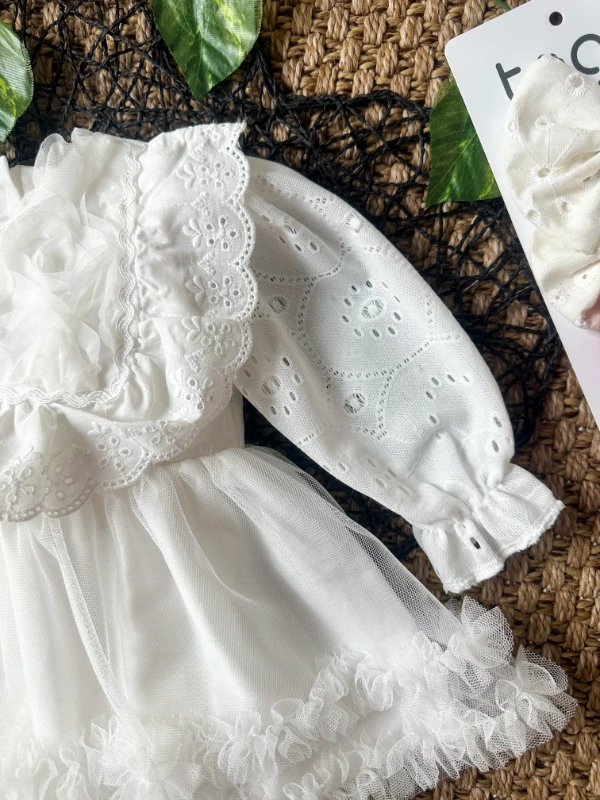 ASTER Beyaz Uzun Kollu Dantel Detaylı Etekli Kız Çocuk Bebek Özel Gün Bayramlık Elbise  - BEYAZ