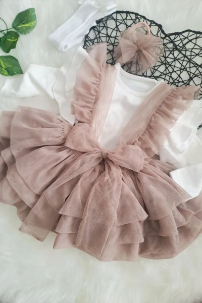 Alina Kız Bebek Tül Salopet  - KAHVERENGİ