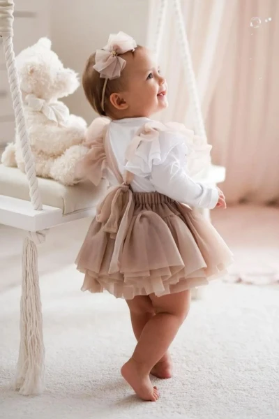 Alina Kız Bebek Tül Salopet  - KAHVERENGİ
