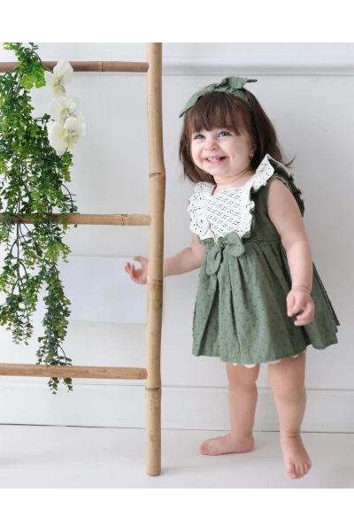 Lema bandanalı fistolu vintage özelgün kız bebek elbise - YEŞİL