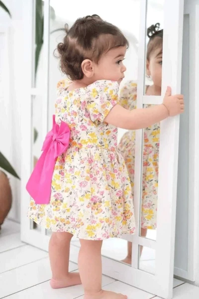 Petty Çiçek Desenli Kız Bebek Elbise - EKRU
