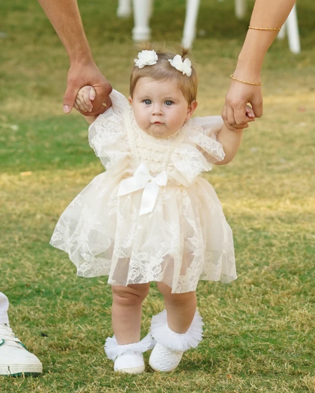 Liya Bandanalı Kız Bebek Romper - EKRU