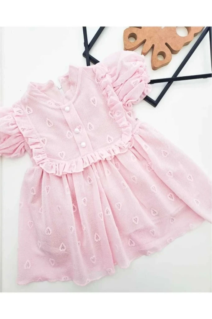 Kalp Detaylı Kız Çocuk Elbise - PEMBE