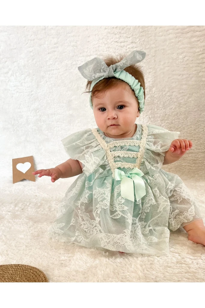 Liya Bandanalı Kız Bebek Romper - SU YEŞİLİ