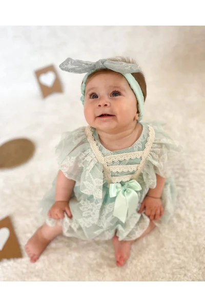 Liya Bandanalı Kız Bebek Romper - SU YEŞİLİ