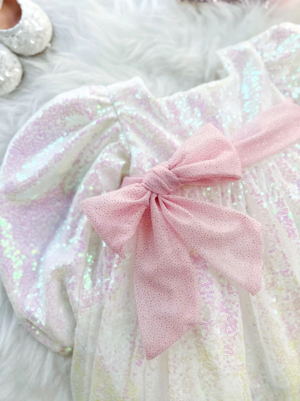 LOTUS Pul Payet Bayramlık Özel Gün Doğum Günü Kız Çocuk Parti Elbisesi - BEYAZ