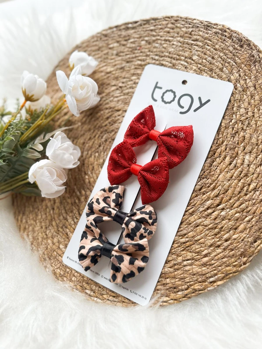 Dantel Detaylı Ve Leopar Desenli Fiyonk Kız Çocuk Bebek Toka Seti - KIRMIZI