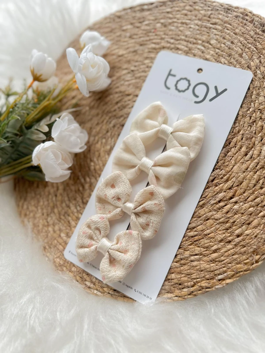 Hasır Dokulu ve Puantiyeli Fiyonk Kız Çocuk Bebek Toka Seti - EKRU