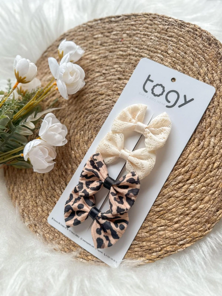 Krem Dantel Ve Leopar Desenli Fiyonk Kız Çocuk Bebek Toka Seti  - EKRU