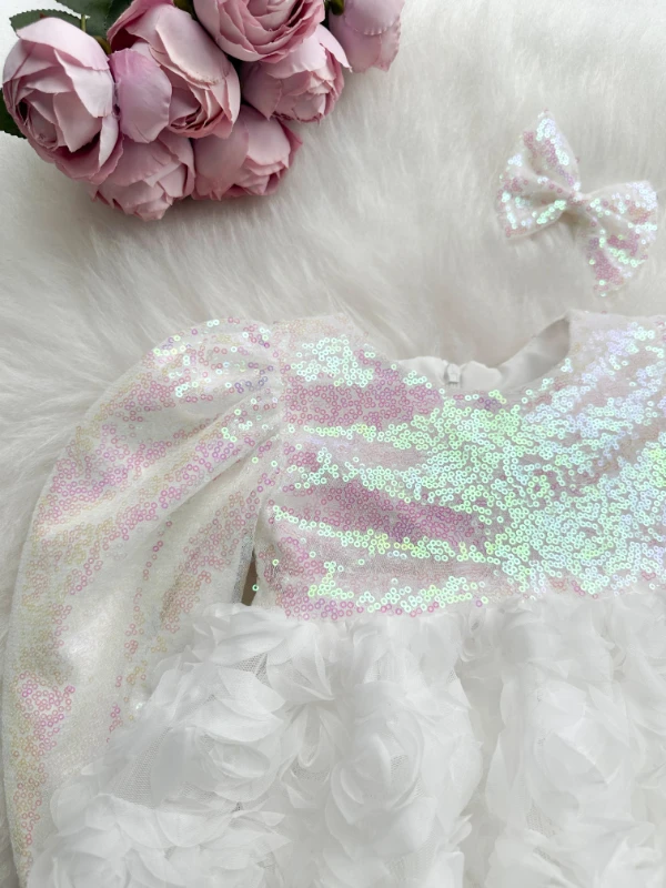 NİLA Pul Payet Özel Gün Doğum Günü Kız Çocuk Parti Elbise  - BEYAZ