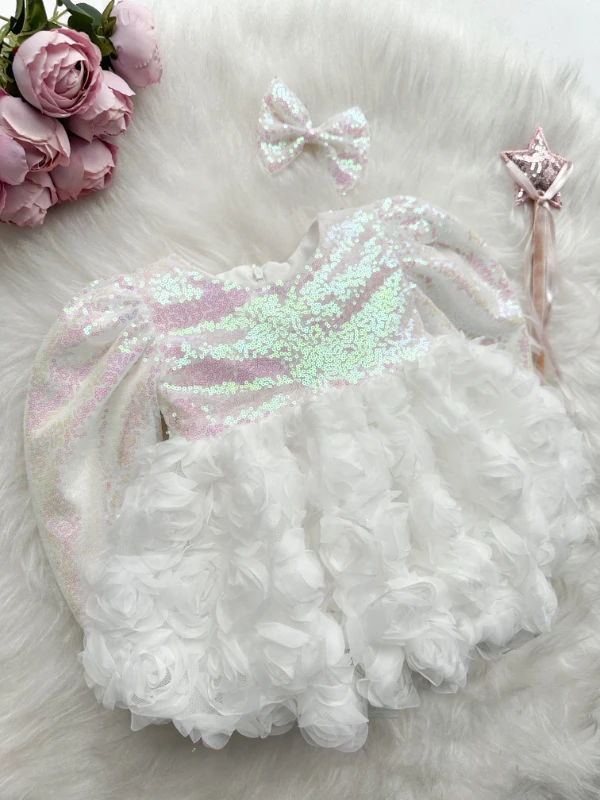 NİLA Pul Payet Özel Gün Doğum Günü Kız Çocuk Parti Elbise  - BEYAZ