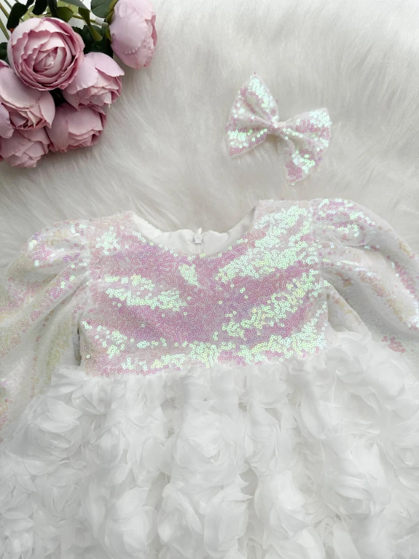 NİLA Pul Payet Özel Gün Doğum Günü Kız Çocuk Parti Elbise  - BEYAZ