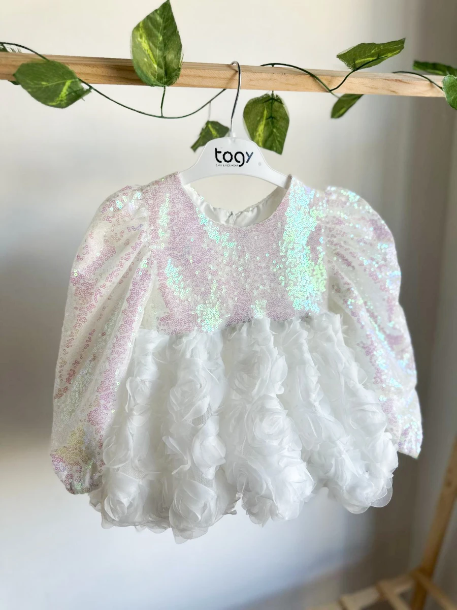 NİLA Pul Payet Özel Gün Doğum Günü Kız Çocuk Parti Elbise  - BEYAZ