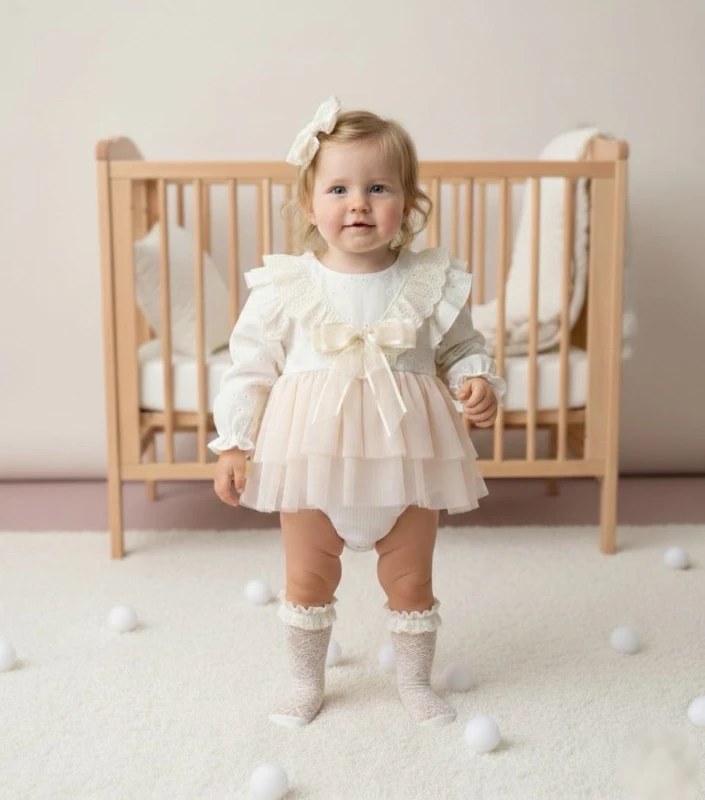 ELİSE Krem Yumuşak Tütü Romper Uzun Kollu Kız Bebek Elbise  - KREM