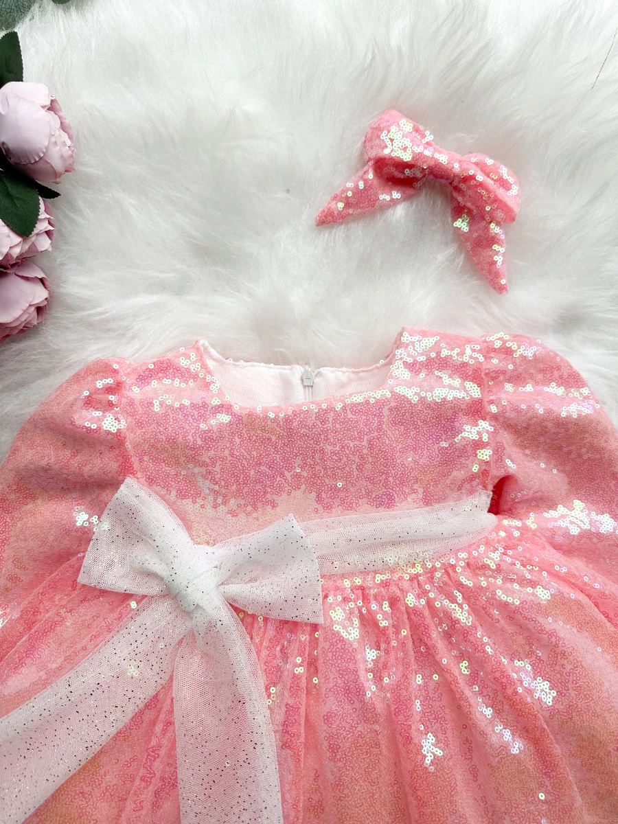 LOTUS Pul Payet Bayramlık Özel Gün Doğum Günü Kız Çocuk Parti Elbisesi - ŞEKER PEMBE