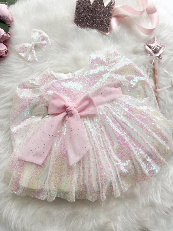 LOTUS Pul Payet Bayramlık Özel Gün Doğum Günü Kız Çocuk Parti Elbisesi - BEYAZ