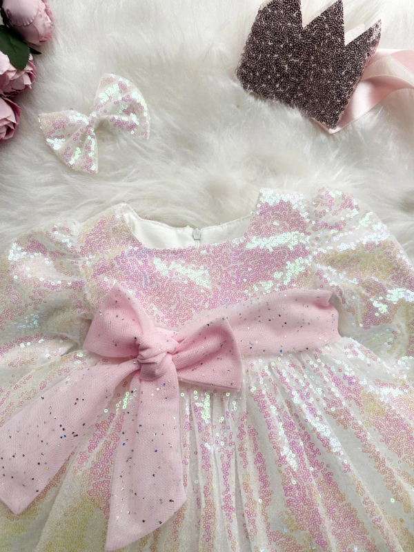 LOTUS Pul Payet Bayramlık Özel Gün Doğum Günü Kız Çocuk Parti Elbisesi - BEYAZ