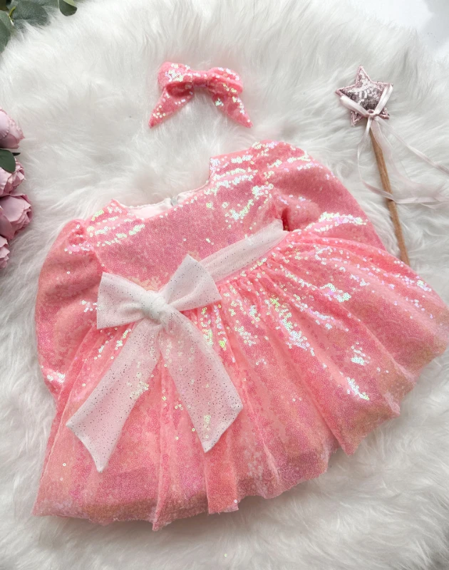 LOTUS Pul Payet Bayramlık Özel Gün Doğum Günü Kız Çocuk Parti Elbisesi - ŞEKER PEMBE
