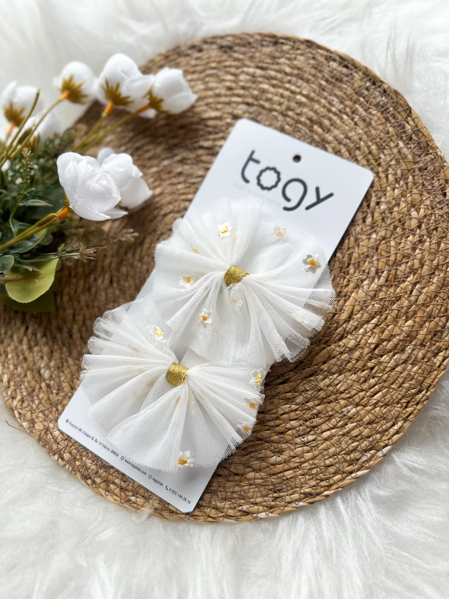 Beyaz Papatya Desenli Tül 2 Li Toka Seti - BEYAZ