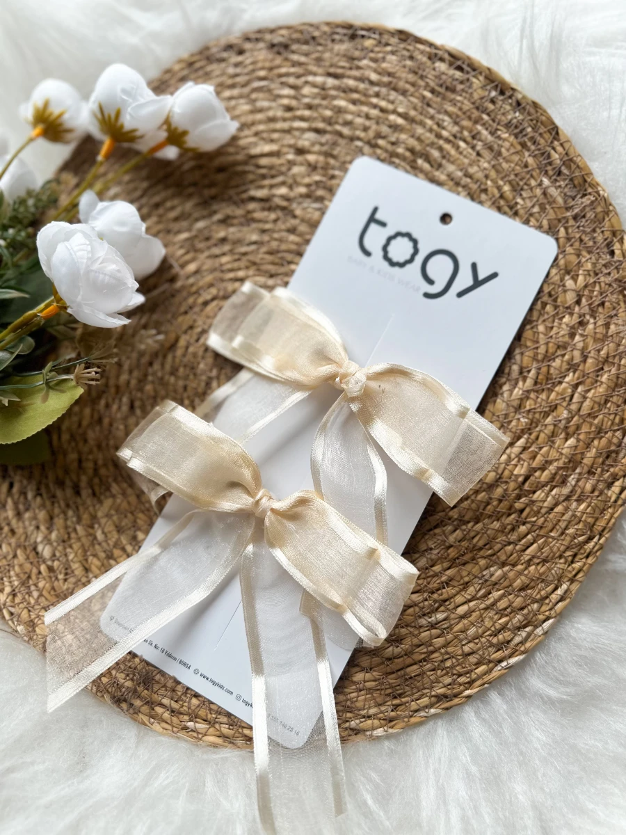 Krem Tül Fiyonk Kız Çocuk Bebek 2 Li Toka Seti - KREM