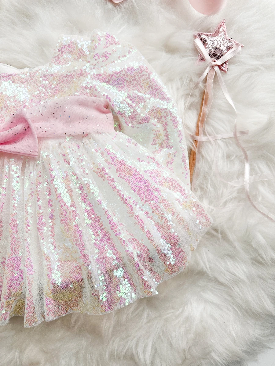 LOTTUS Pul Payet Bayramlık Özel Gün Doğum Günü Kız Çocuk Parti Elbise  - BEYAZ