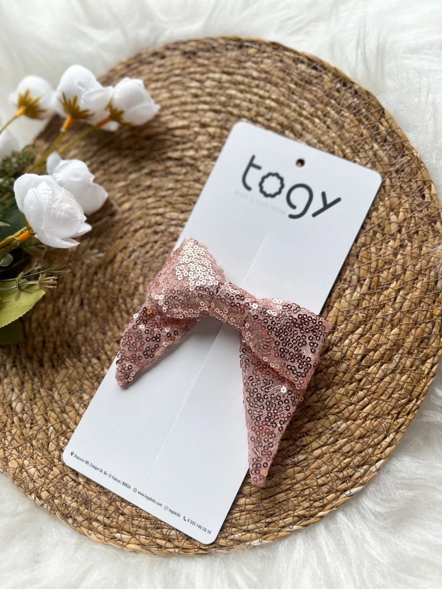 Rose Gold Pullu Payetli Fiyonk Kız Çocuk Bebek Toka  - ROSE