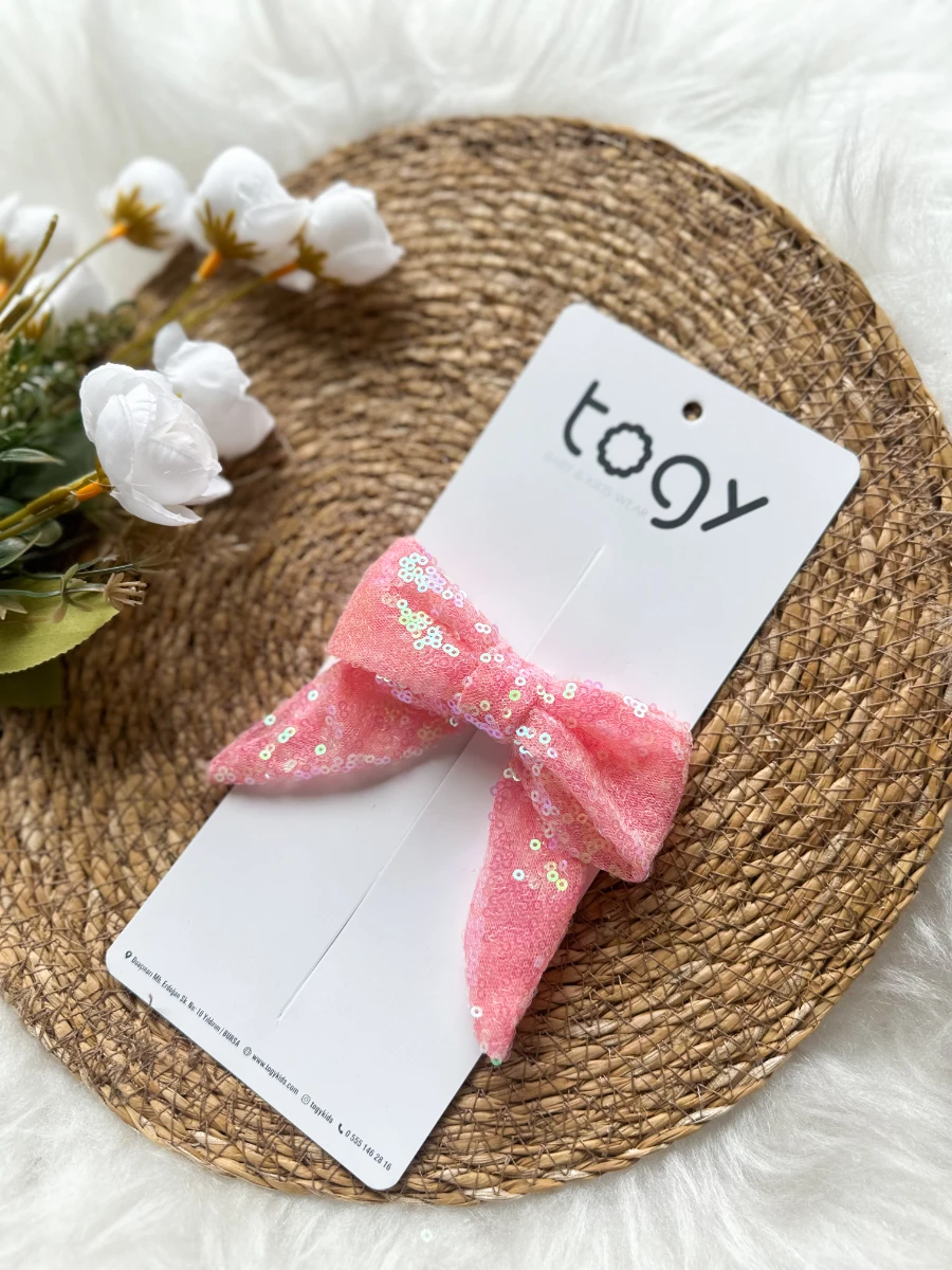 Şeker Pembe Pullu Payetli Kız Çocuk Bebek Fiyonk Toka  - ŞEKER PEMBE