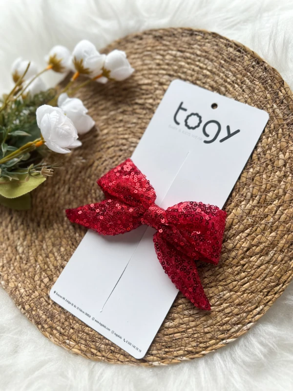 Kırmızı Pullu Payetli  Kız Çocuk Bebek Fiyonk Toka  - KIRMIZI