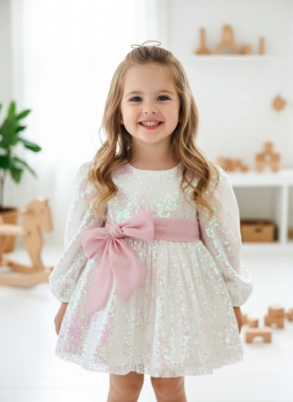 LOTTUS Pul Payet Bayramlık Özel Gün Doğum Günü Kız Çocuk Parti Elbise  - BEYAZ