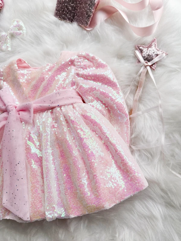 LOTTUS Pul Payet Bayramlık Özel Gün Doğum Günü Kız Çocuk Parti Elbise  - PUDRA