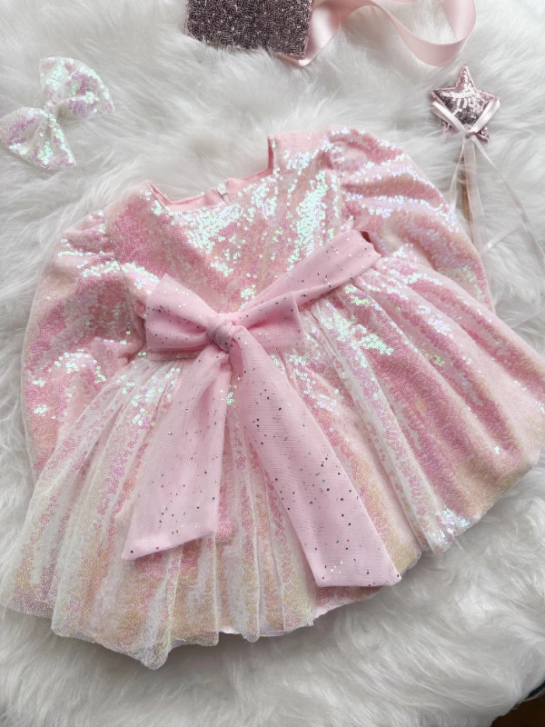 LOTTUS Pul Payet Bayramlık Özel Gün Doğum Günü Kız Çocuk Parti Elbise  - PUDRA