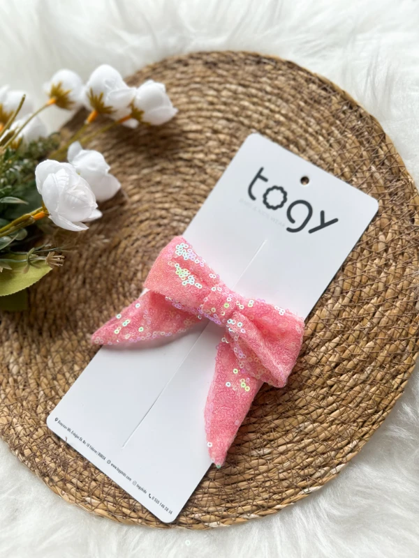 Şeker Pembe Pullu Payetli Kız Çocuk Bebek Fiyonk Toka  - ŞEKER PEMBE